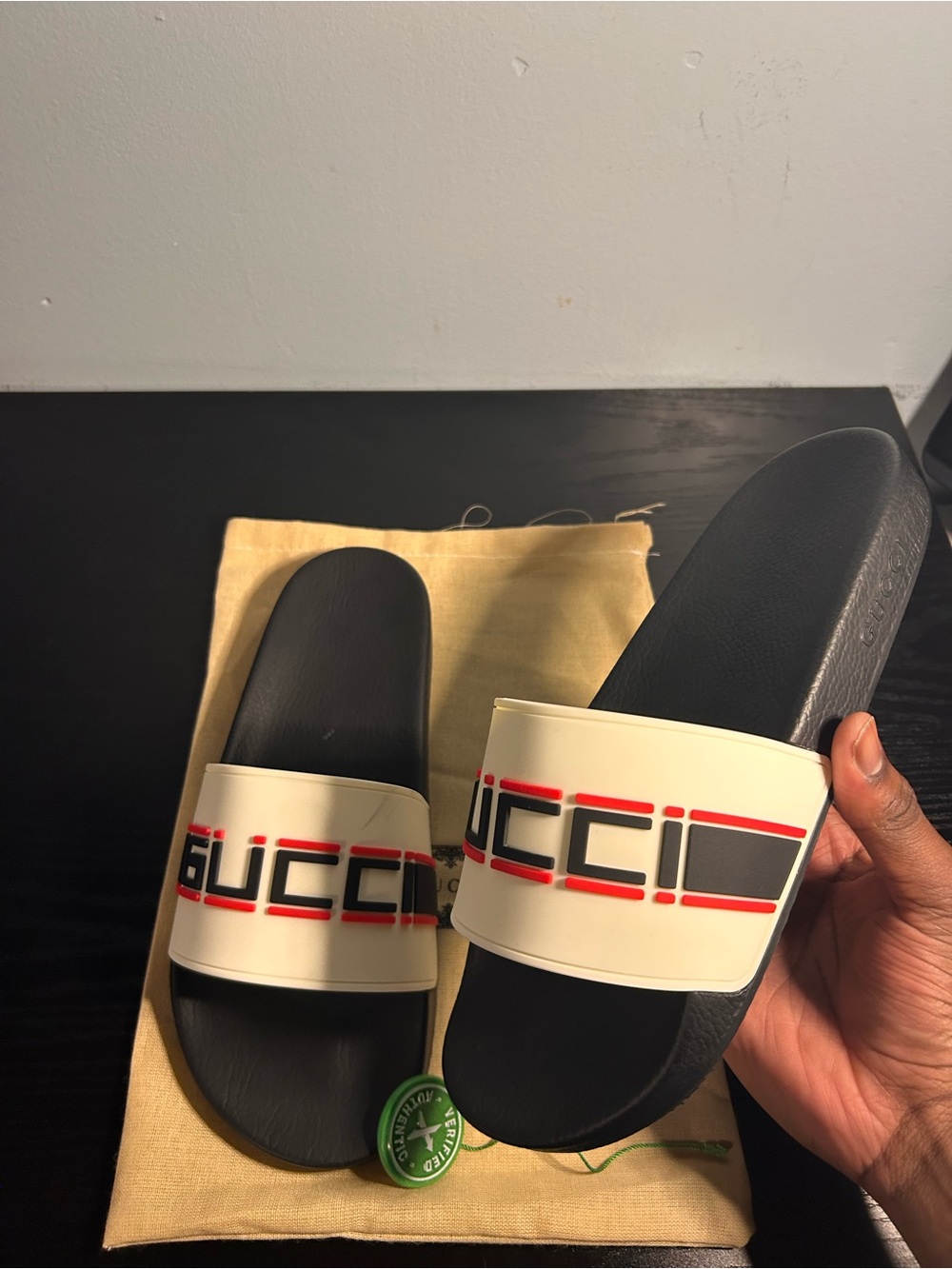 Gucci Men’s Cream Strap Black Footbed Logo Slide Sandals